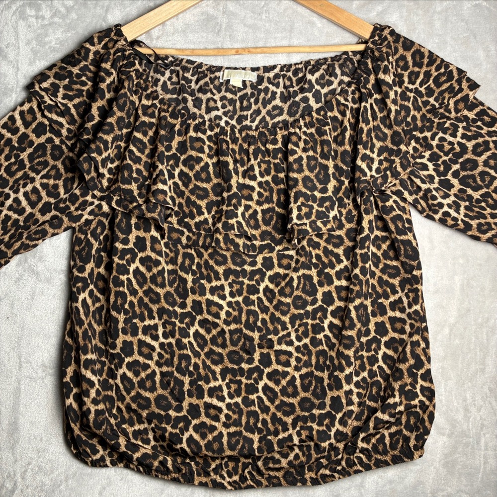 Michael Kors Leopard Print Off Shoulder Ruffle Blouse Brown with Elastic Hem 1X